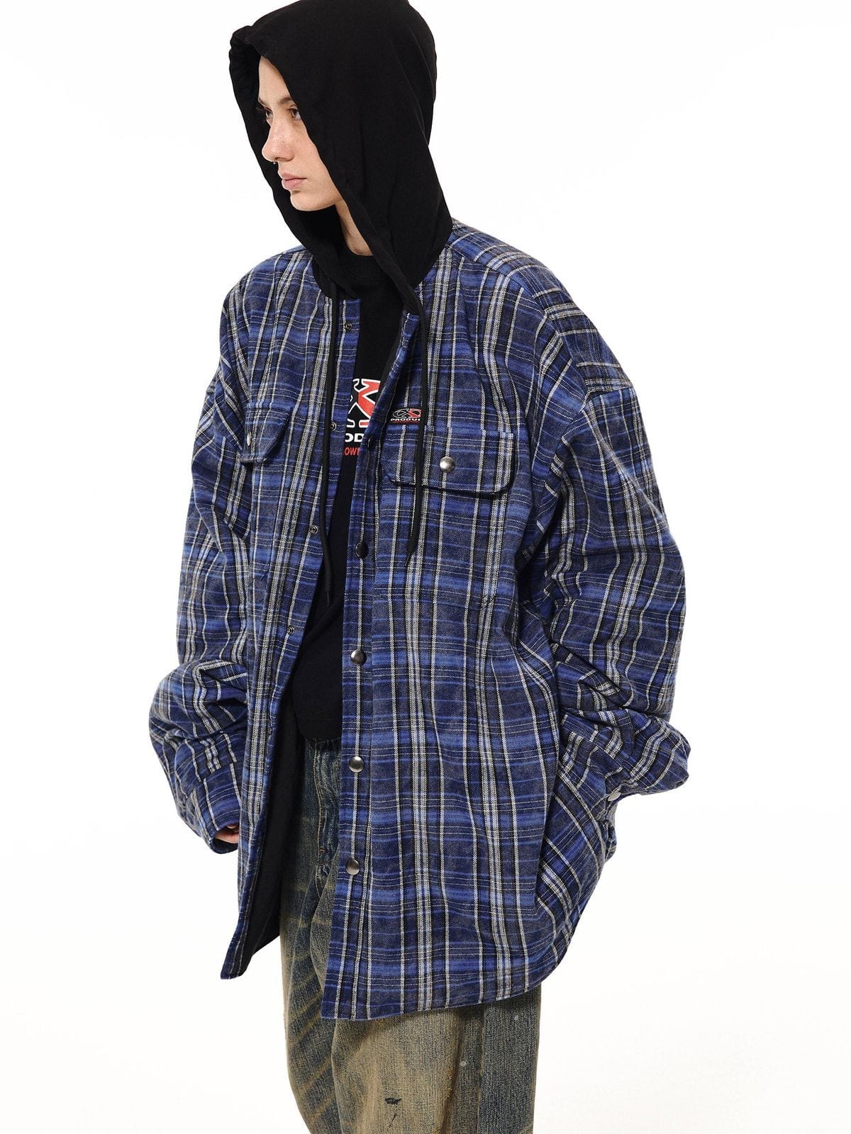 Unknownworld Oversized Padded Plaid Hooded Jacket in Navy Blue - On Female Model
