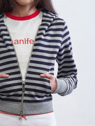 RARELY ALIKE Striped Cotton Cropped Hoodie in Navy - On Model