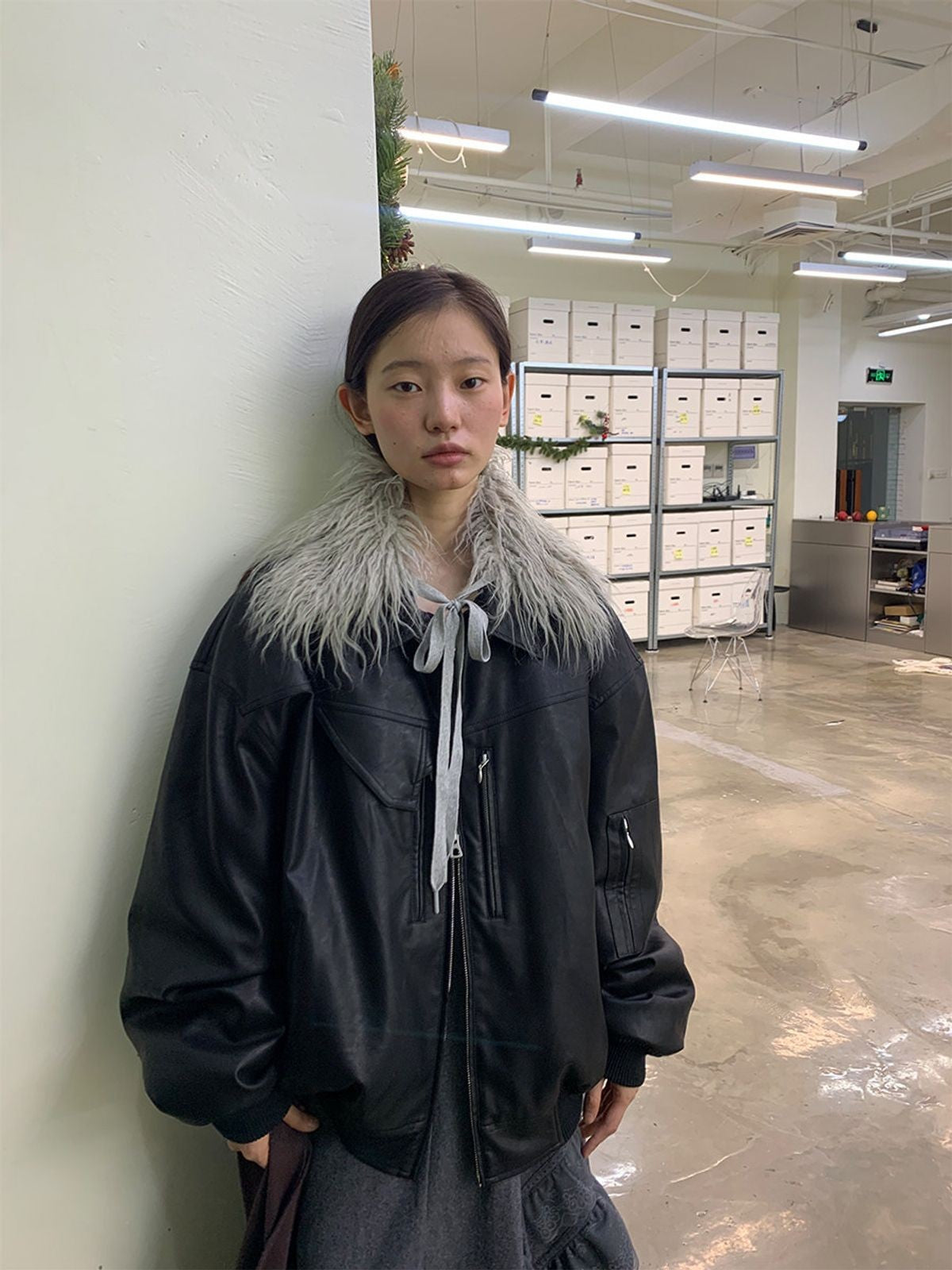 NeverSeez Leather Down Puffer Jacket in Black - On Female Model