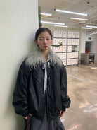 NeverSeez Leather Down Puffer Jacket in Black - On Female Model