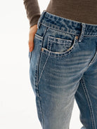 PUKI Contrast Stitch Straight Jeans in Blue - On Model