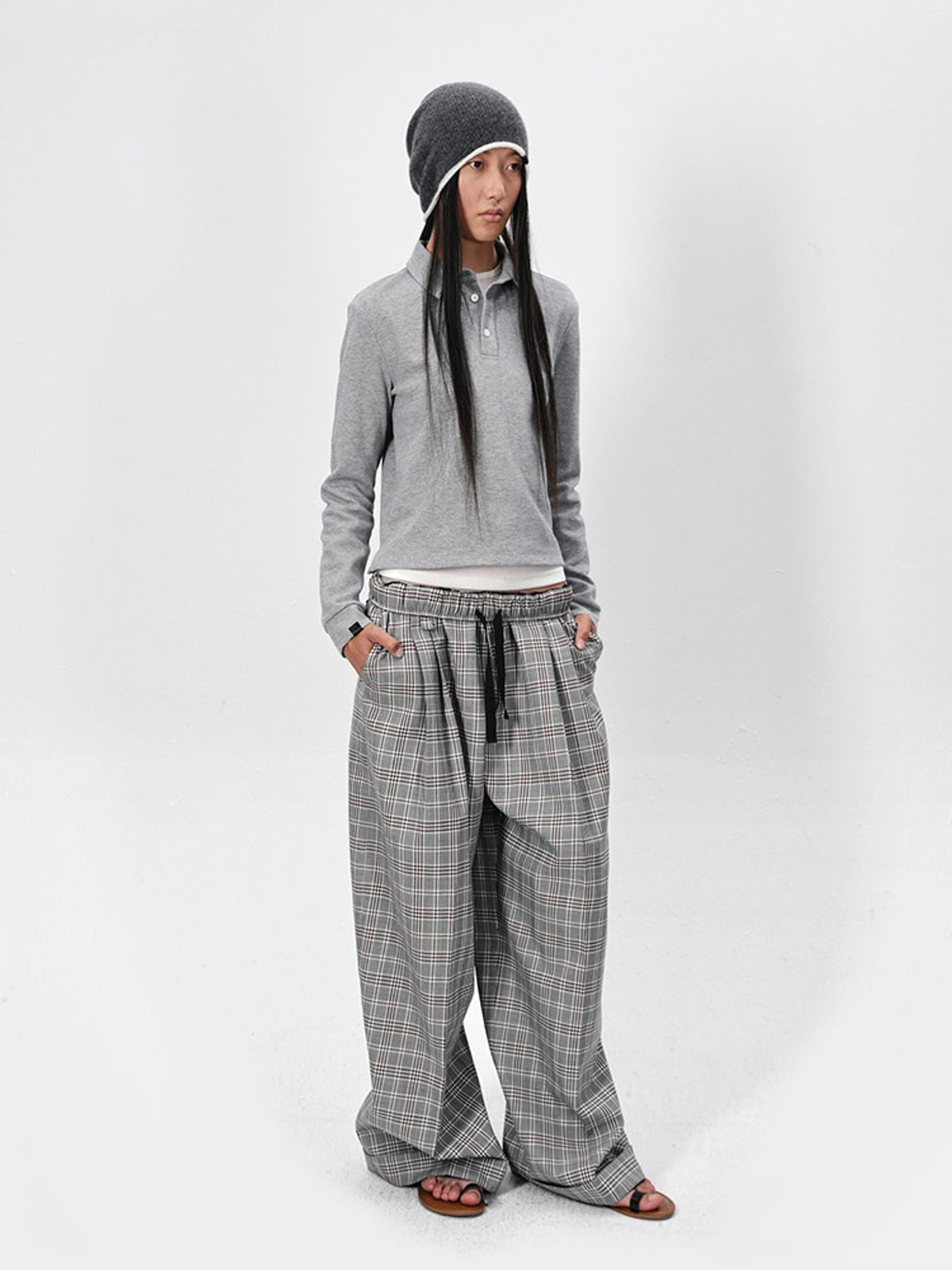 RARELY ALIKE Side Slit Long Sleeve Polo in Gray - On Model