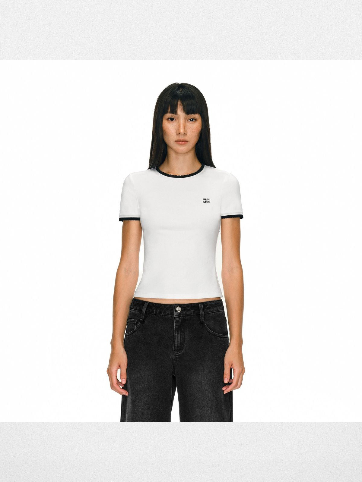 PUKI Contrast Trim Slim T Shirt in White - On Model