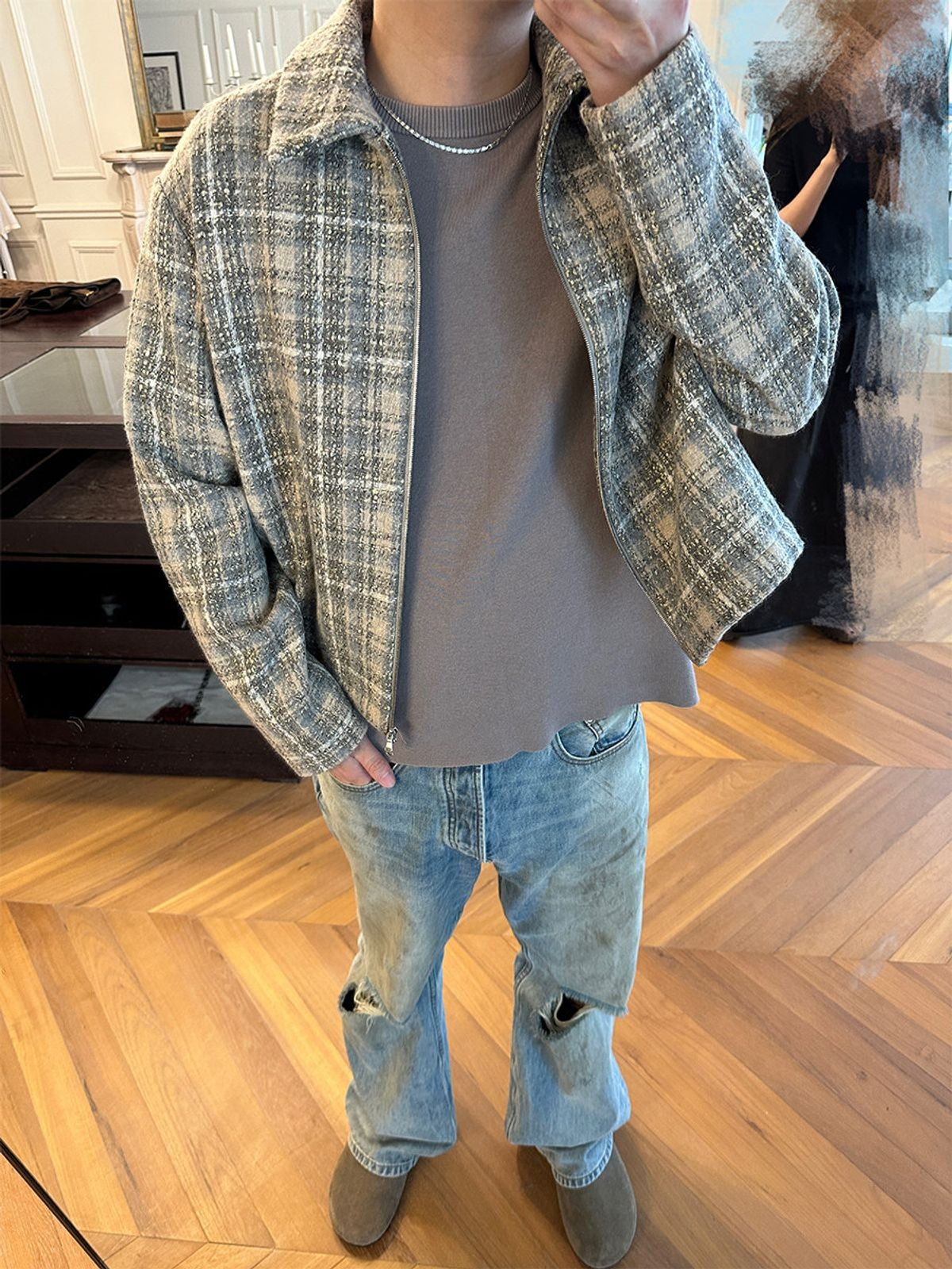 Roolrren Homme Short Wool Tweed Zip Jacket in Gray - On Model