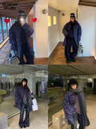 Acsense Studio Padded Plaid Shirt Jacket in Blue - On Female Model