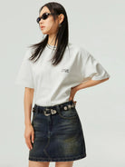 Simple Project Inverted Logo High Crew Tee in White - On Female Model