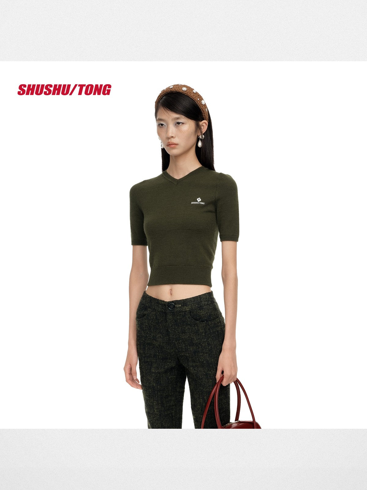 SHUSHUTONG Lamb Wool Short Sleeve Knit Top in Green - On Model