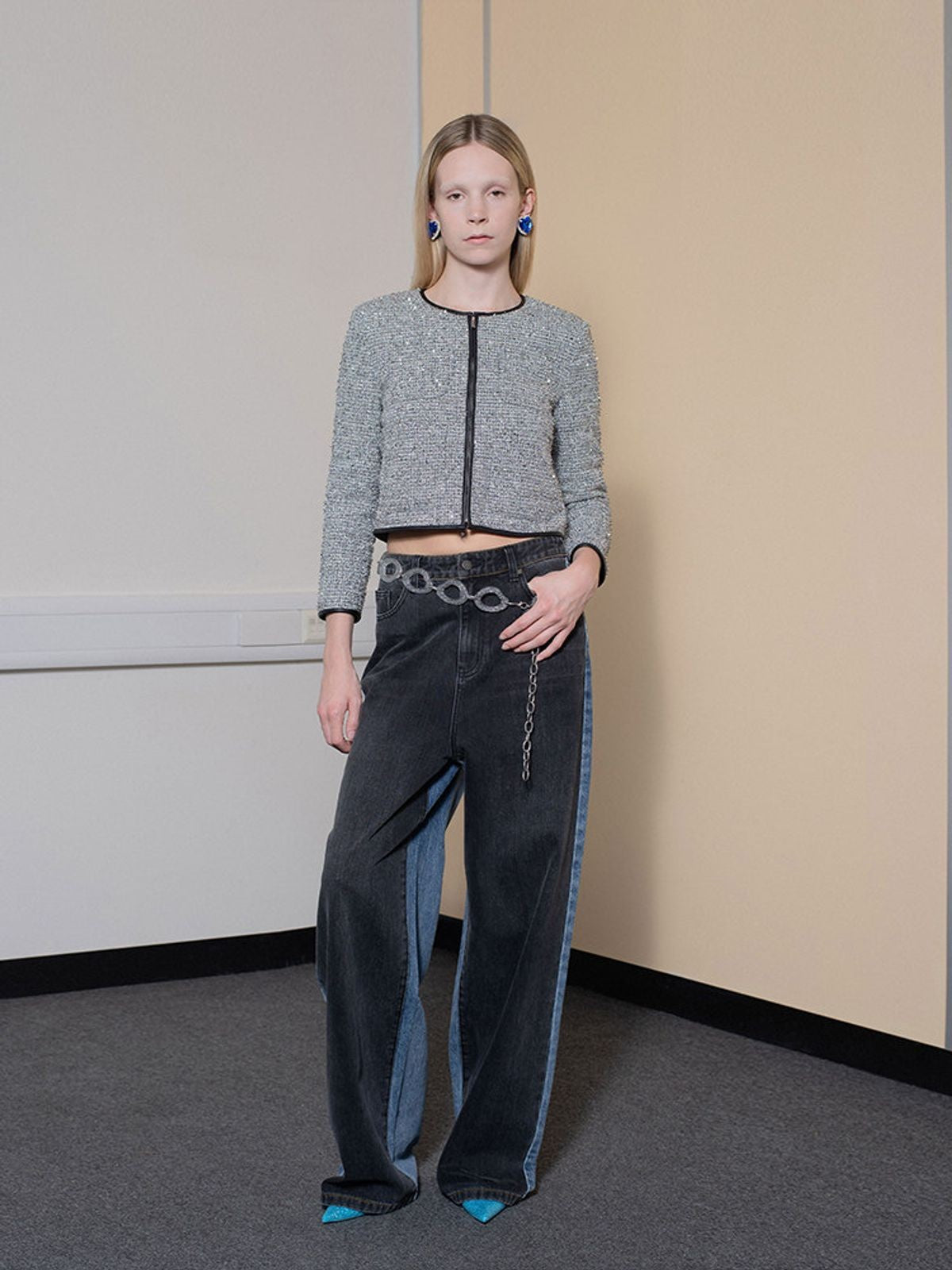 RARELY ALIKE Silver Sequin Tweed Cropped Jacket in Silver - On Model