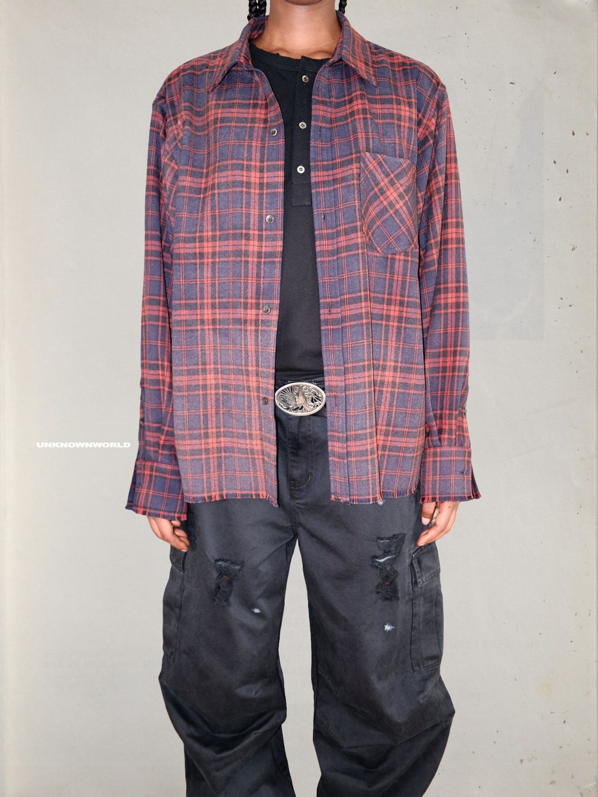 UNKNOWNWORLD Washed Plaid Flannel Raw Edge Shirt in Blue - On Model