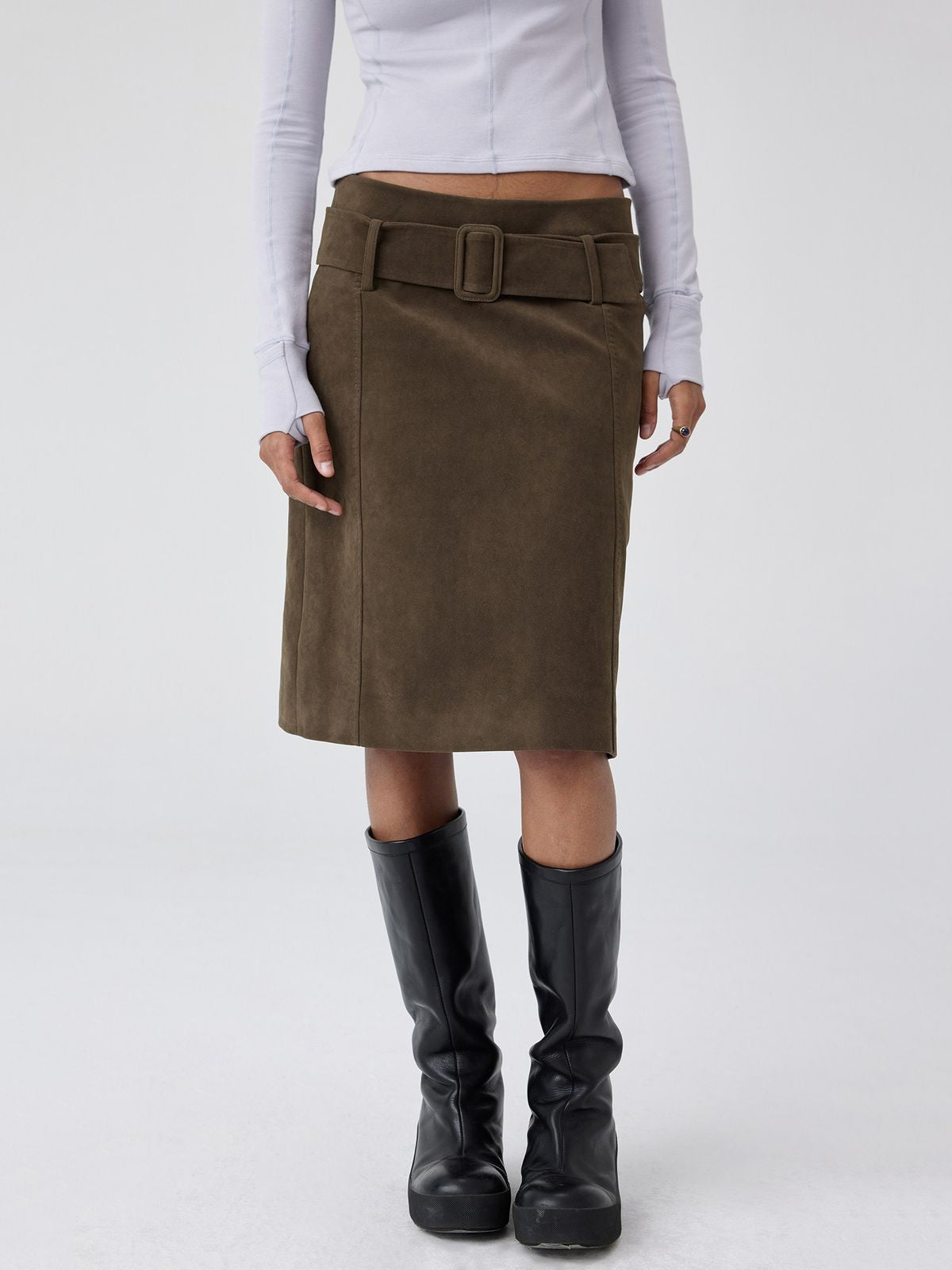 Simple Project Belted Suedette Mini Skirt in Brown - On Model