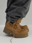 MasonPrince Washed Suede Platform Work Boots in Beige - On Model