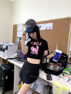 NeverSeez Kitten Graphic Baby Tee in Pink - On Model