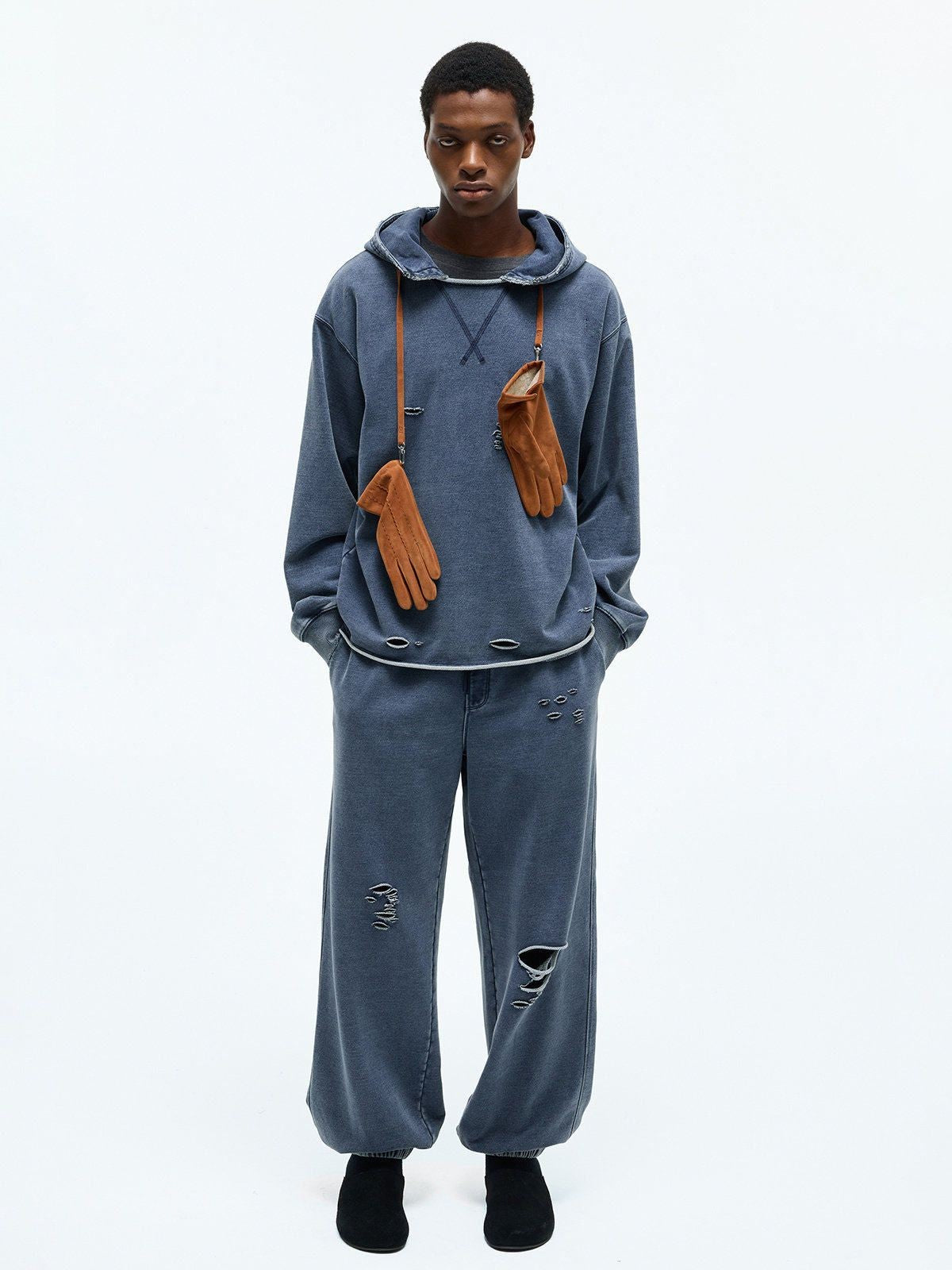 NANS Distressed Heavyweight Cotton Hoodie in Denim - On Model