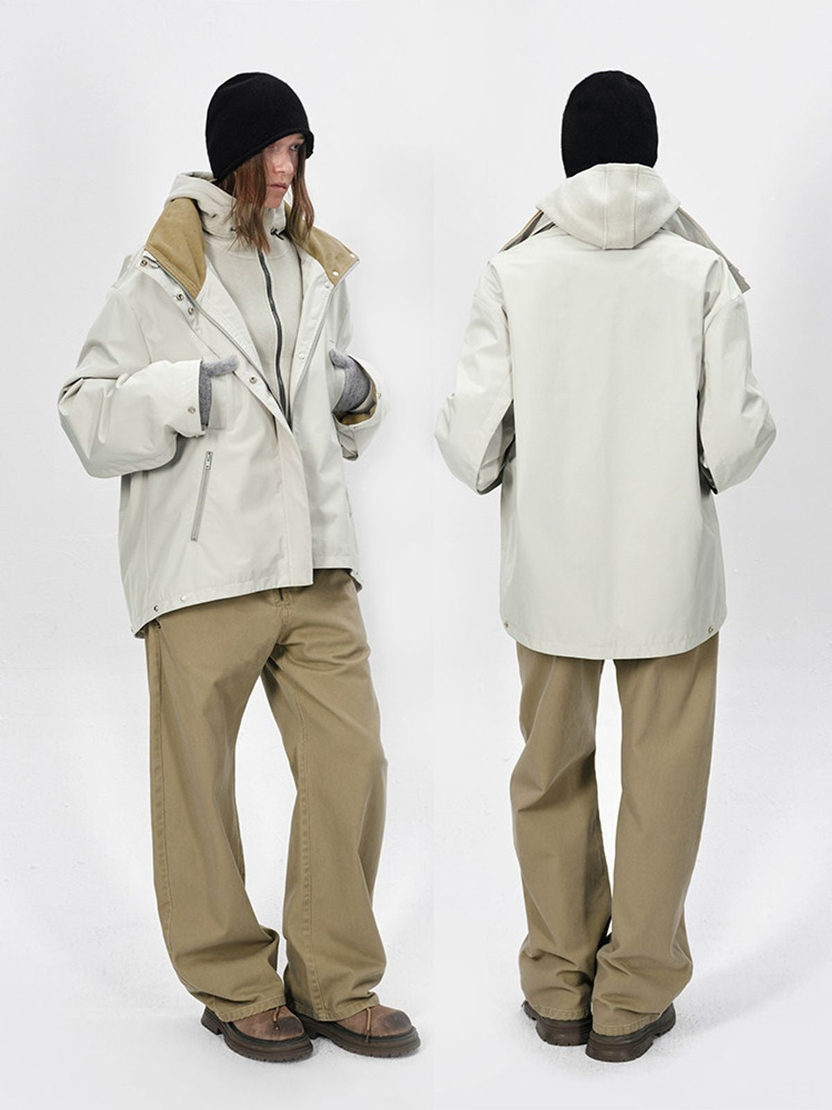 RARELY ALIKE Fleece Lined Technical Hooded Jacket in White - On Model