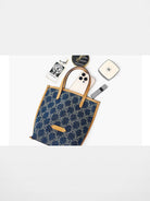WANLIMA Leather Trimmed Monogram Denim Tote in Denim
