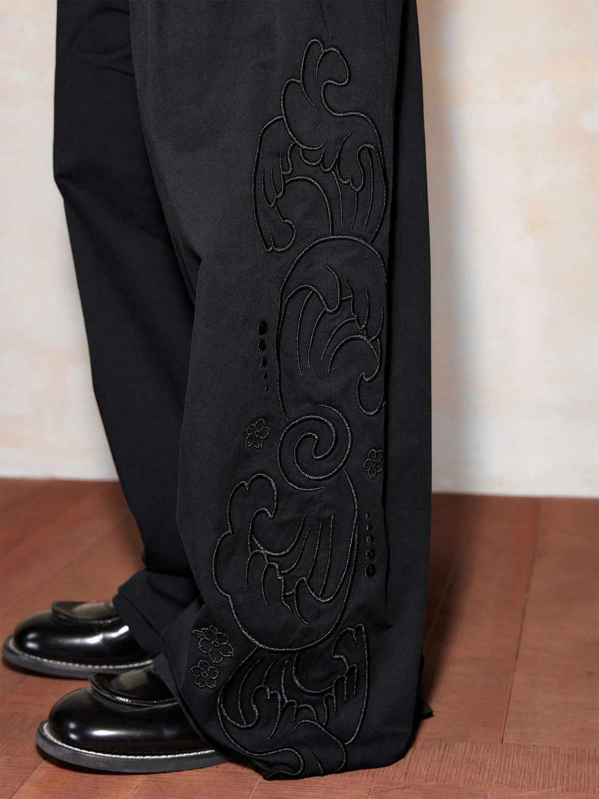 MEDM Side Seam Embroidery Wide Leg Pants in Black - Lifestyle