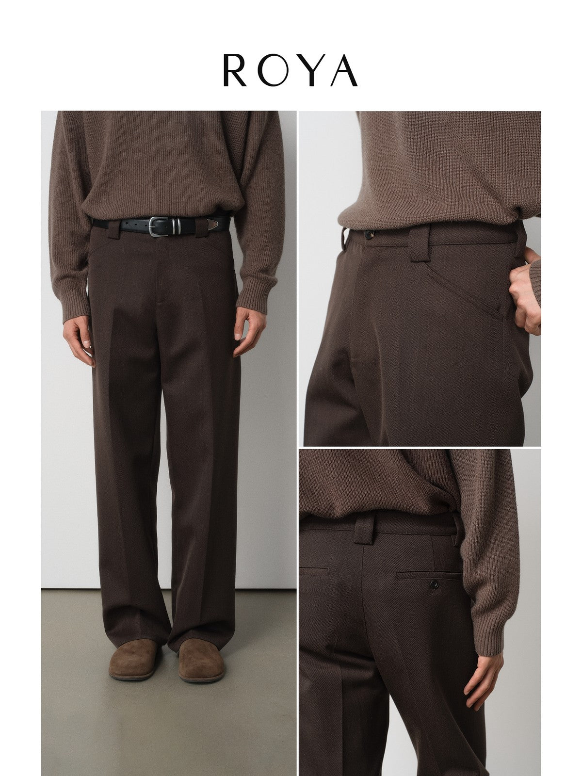 ROYA Heavyweight Merino Blend Trousers in Brown - On Model