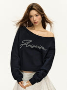 Ariseism Asymmetric Off Shoulder Rhinestone Sweatshirt in Navy Blue - On Model