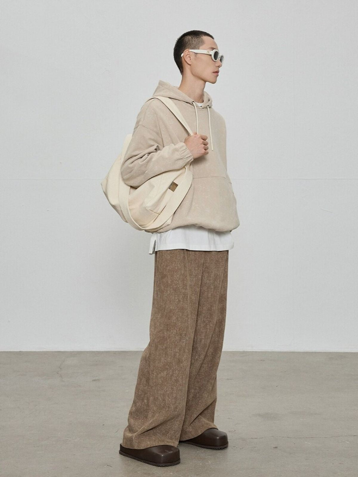 NANS Heavyweight Washed French Terry Hoodie in Beige - On Model