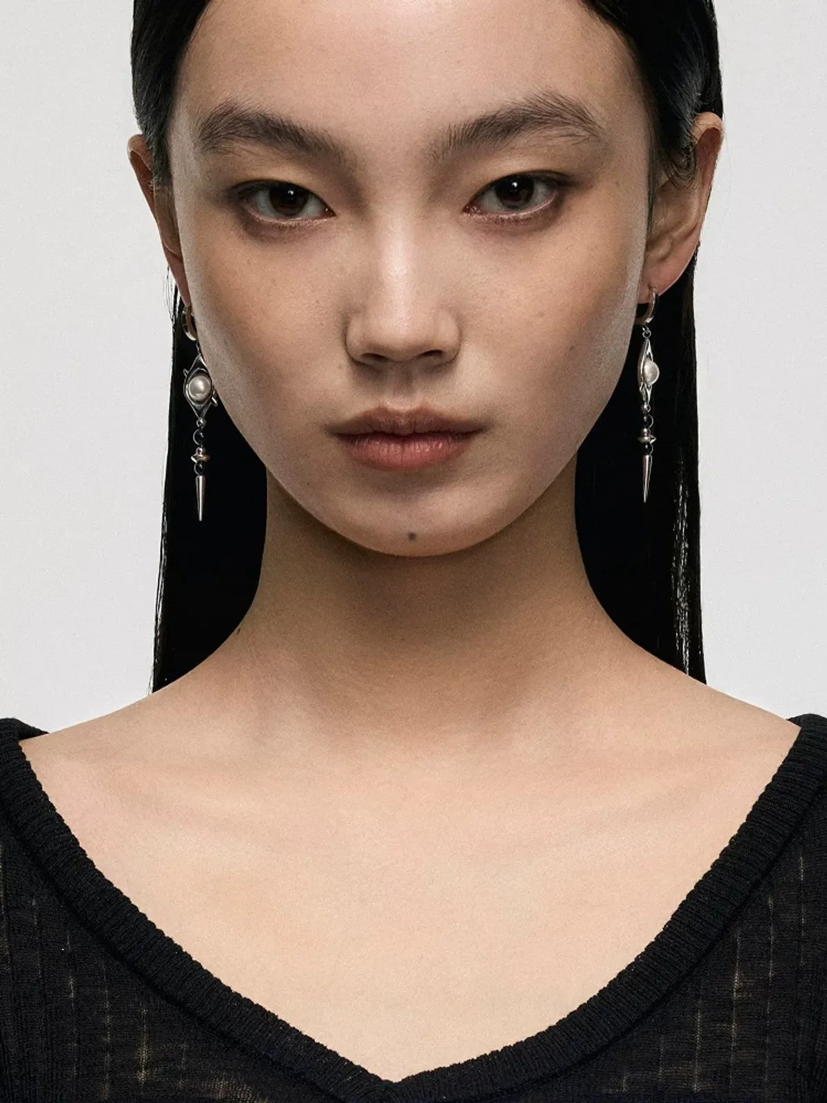 BLACKHEAD Pearl Eye Spike Drop Earrings in Silver - On Model