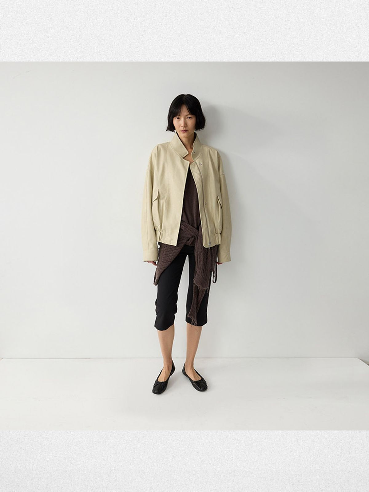 RandomPiece Elastic Hem Faux Leather Jacket in White - On Model