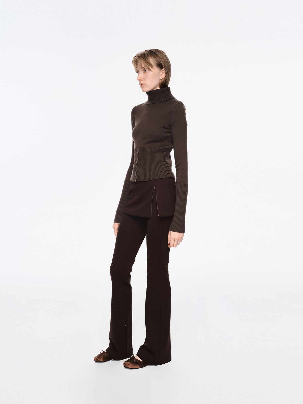 RARELY ALIKE Split Skirt Knit Flared Pants in Brown - On Model