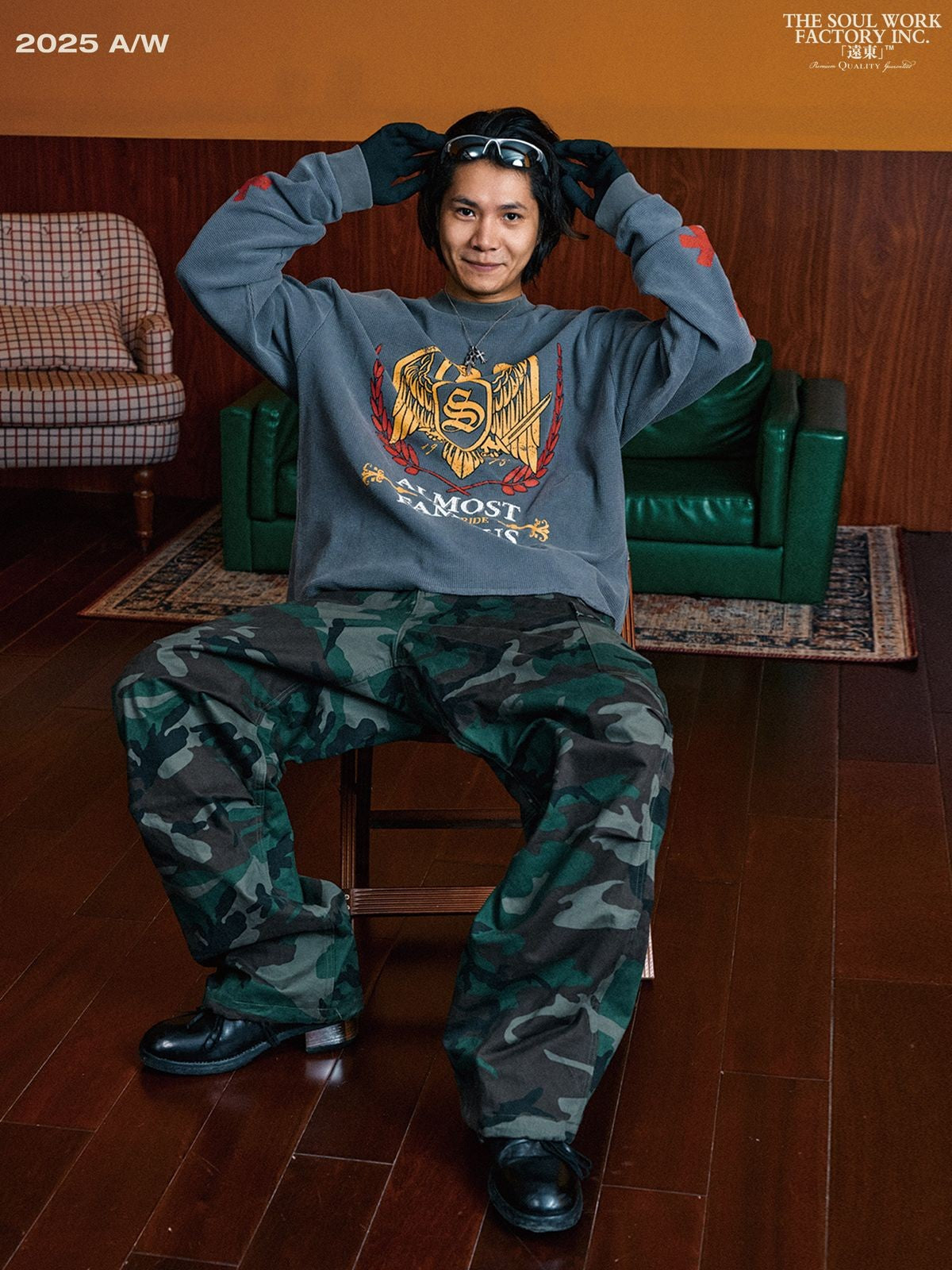 SWFI Distressed Graphic Waffle Long Sleeve in Gray - On Model