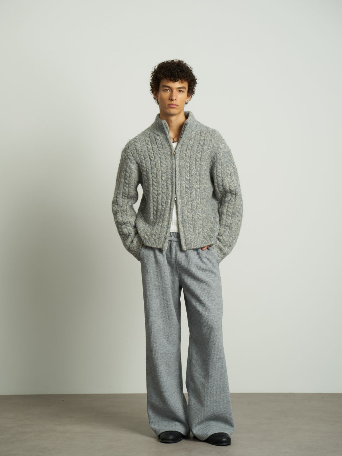 RETRO21 Double Zip Cable Knit Cardigan in Gray - On Model