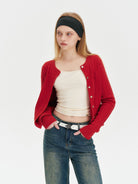 Amee Cable Knit Crew Cardigan in Red - On Model