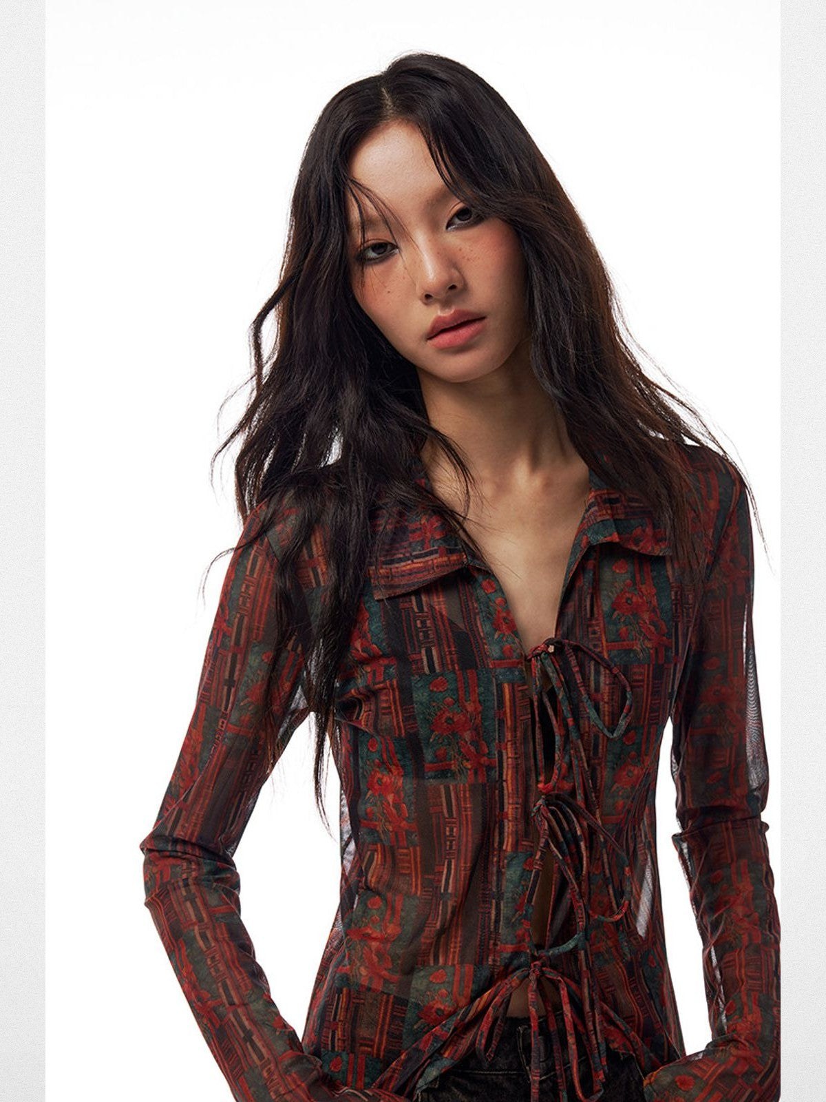 THELIGHT OFFICIAL Printed Mesh Tie Front Maxi Cardigan in Red - On Model