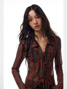 THELIGHT OFFICIAL Printed Mesh Tie Front Maxi Cardigan in Red - On Model