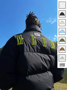 MEDM Embroidered Down Puffer Jacket in Black - On Male Model
