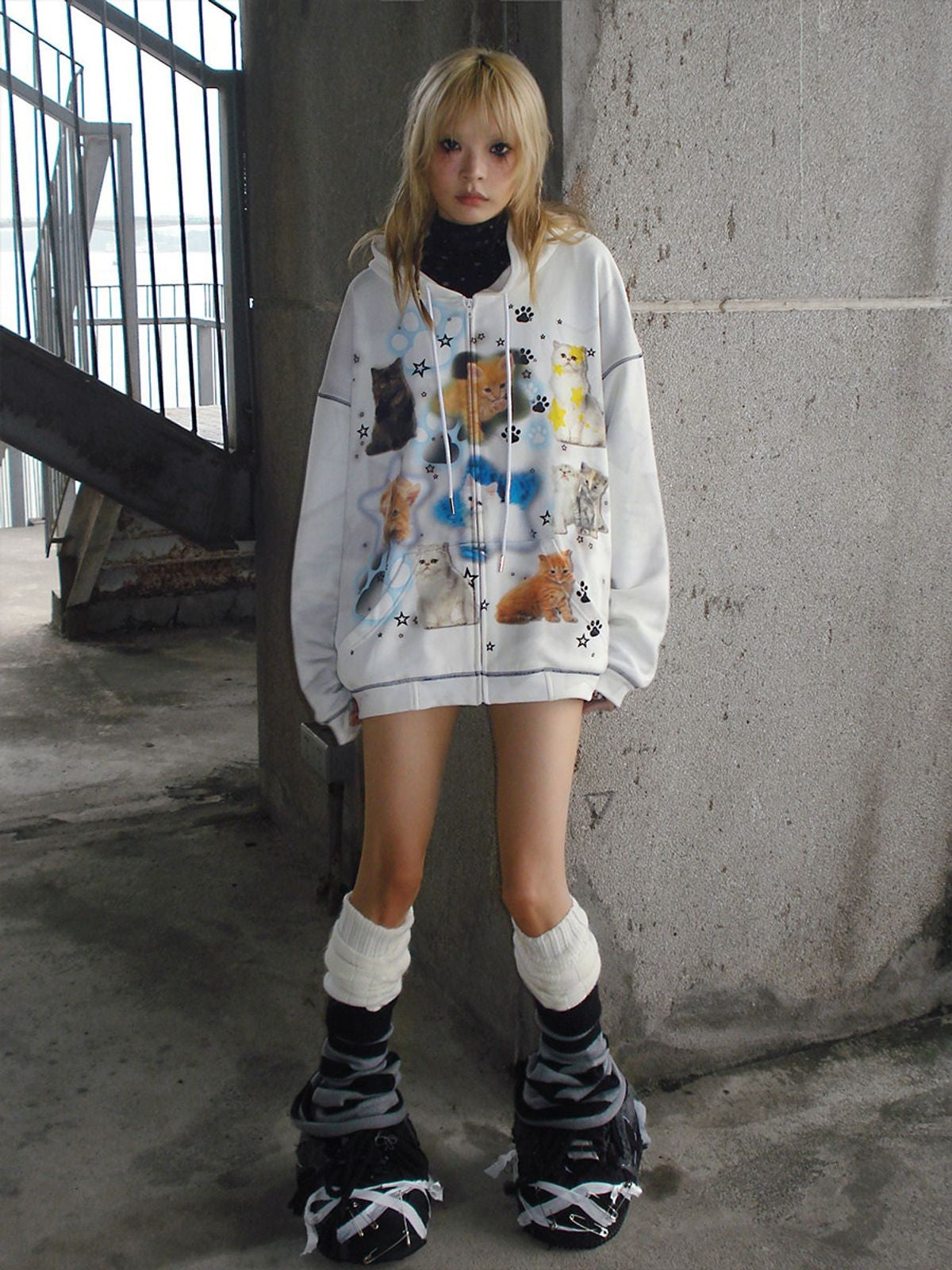 CFIERCE Cat Print Zip Up Hoodie in White - On Model