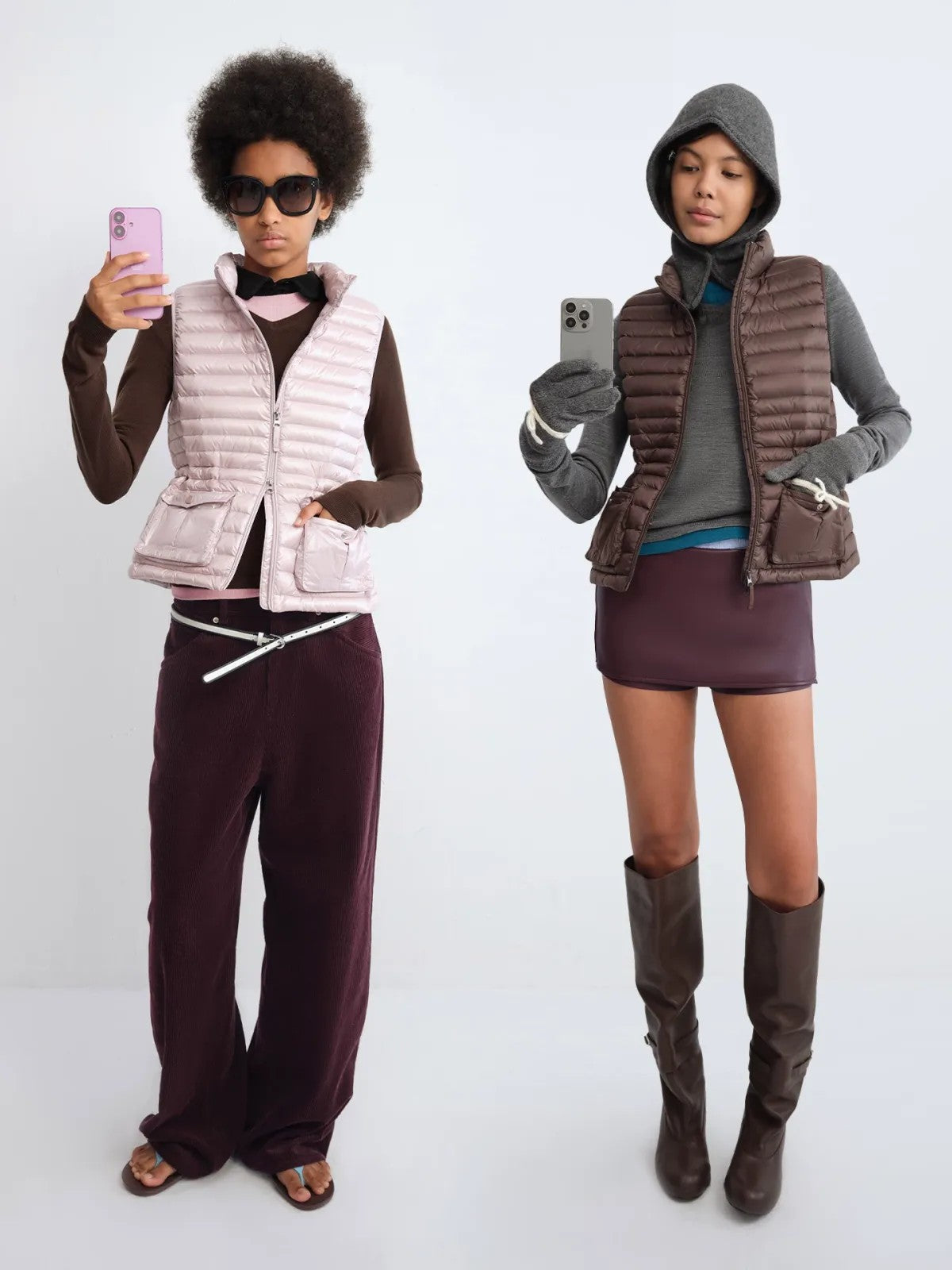RARELY ALIKE Cinched Waist Down Vest in Pink - On Model