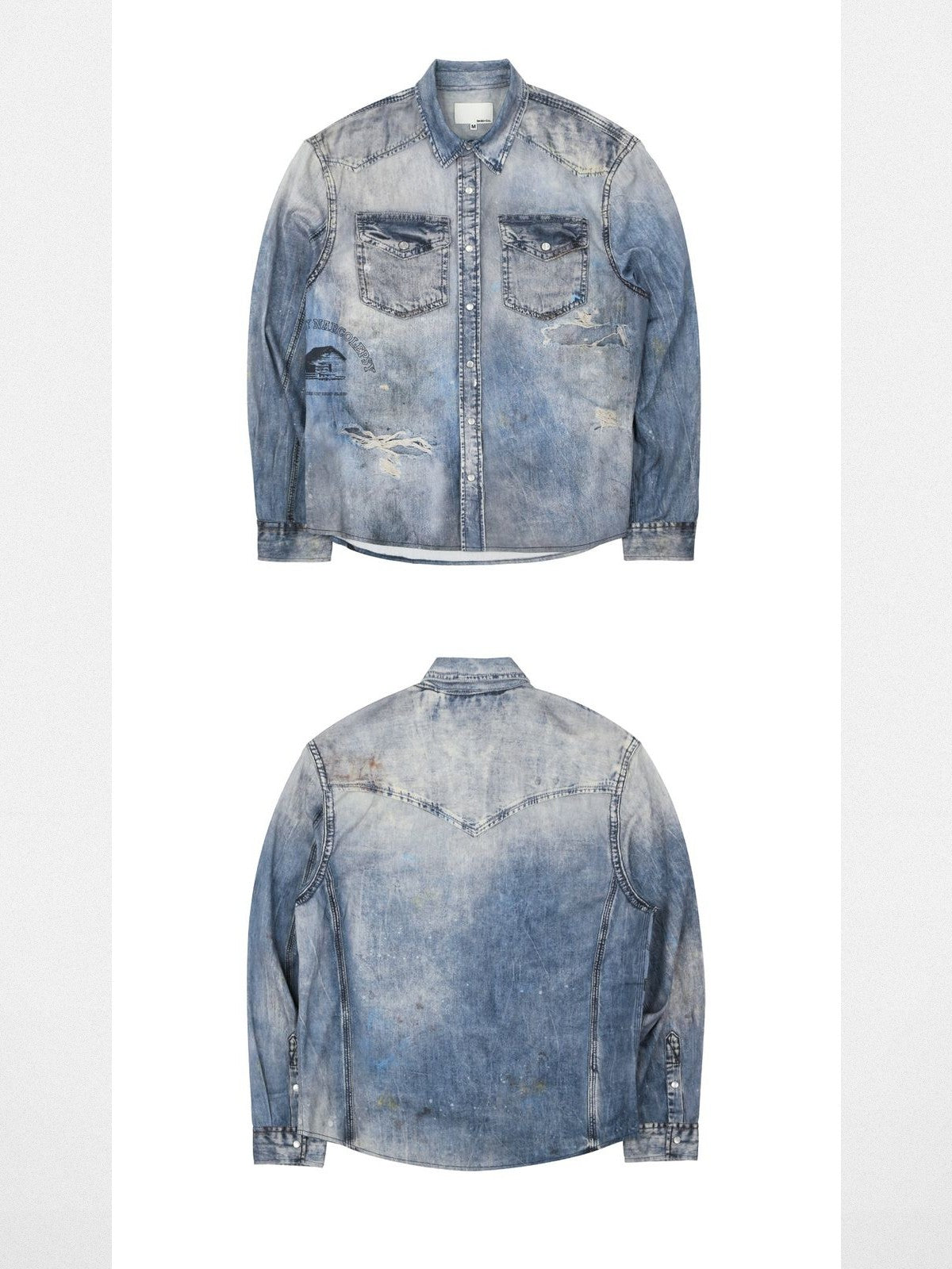 SOD Co. Distressed Ink Splatter Denim Shirt in Blue