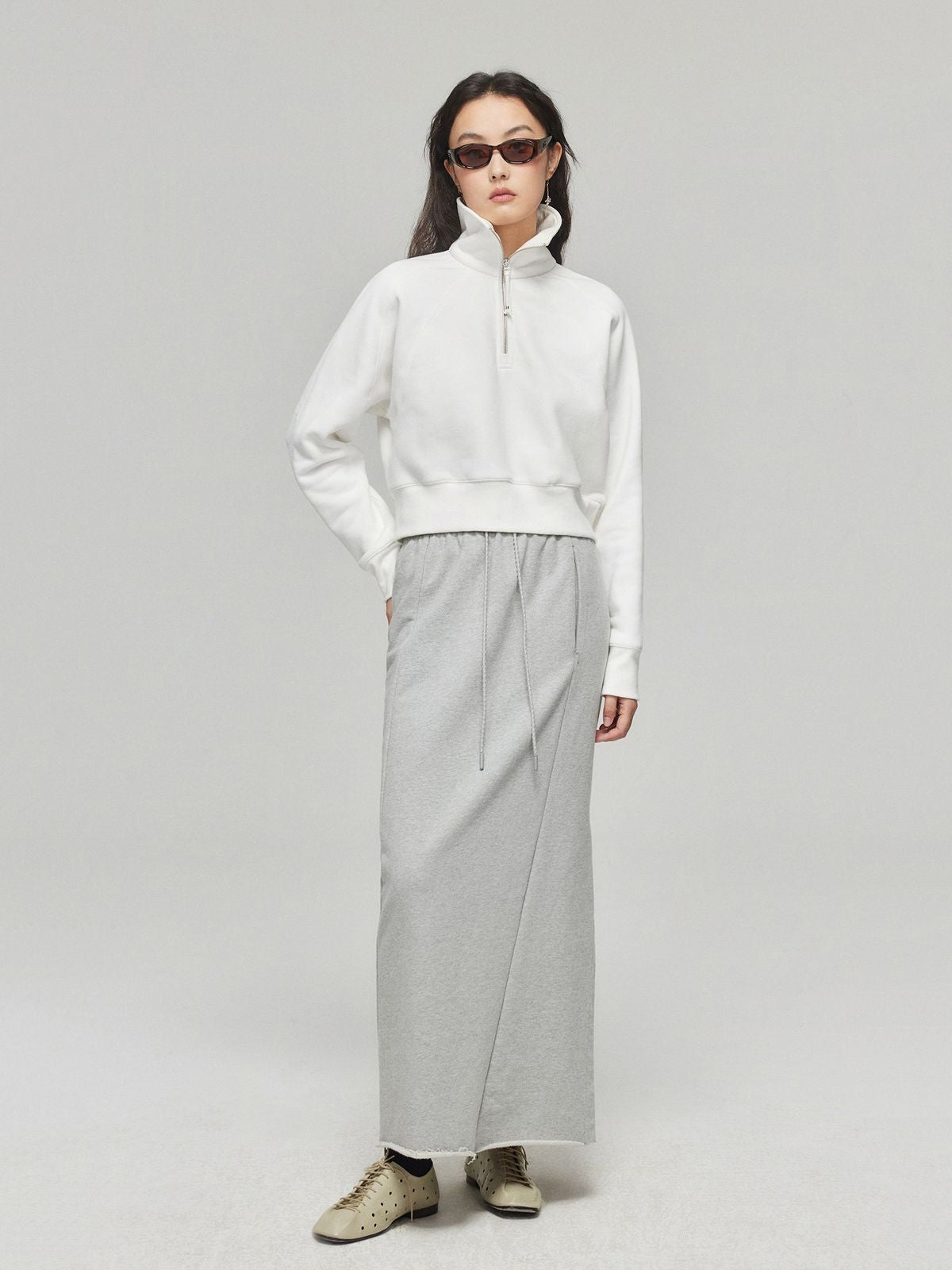 Simple Project Mock Neck Half Zip Sweatshirt in White - On Model