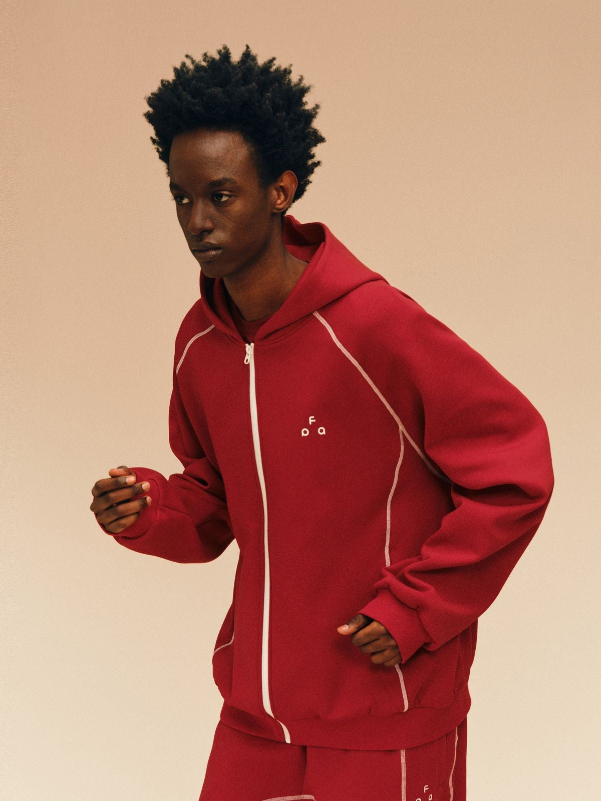 FPA Contrast Stitch Zip Up Hoodie in Red - On Male Model