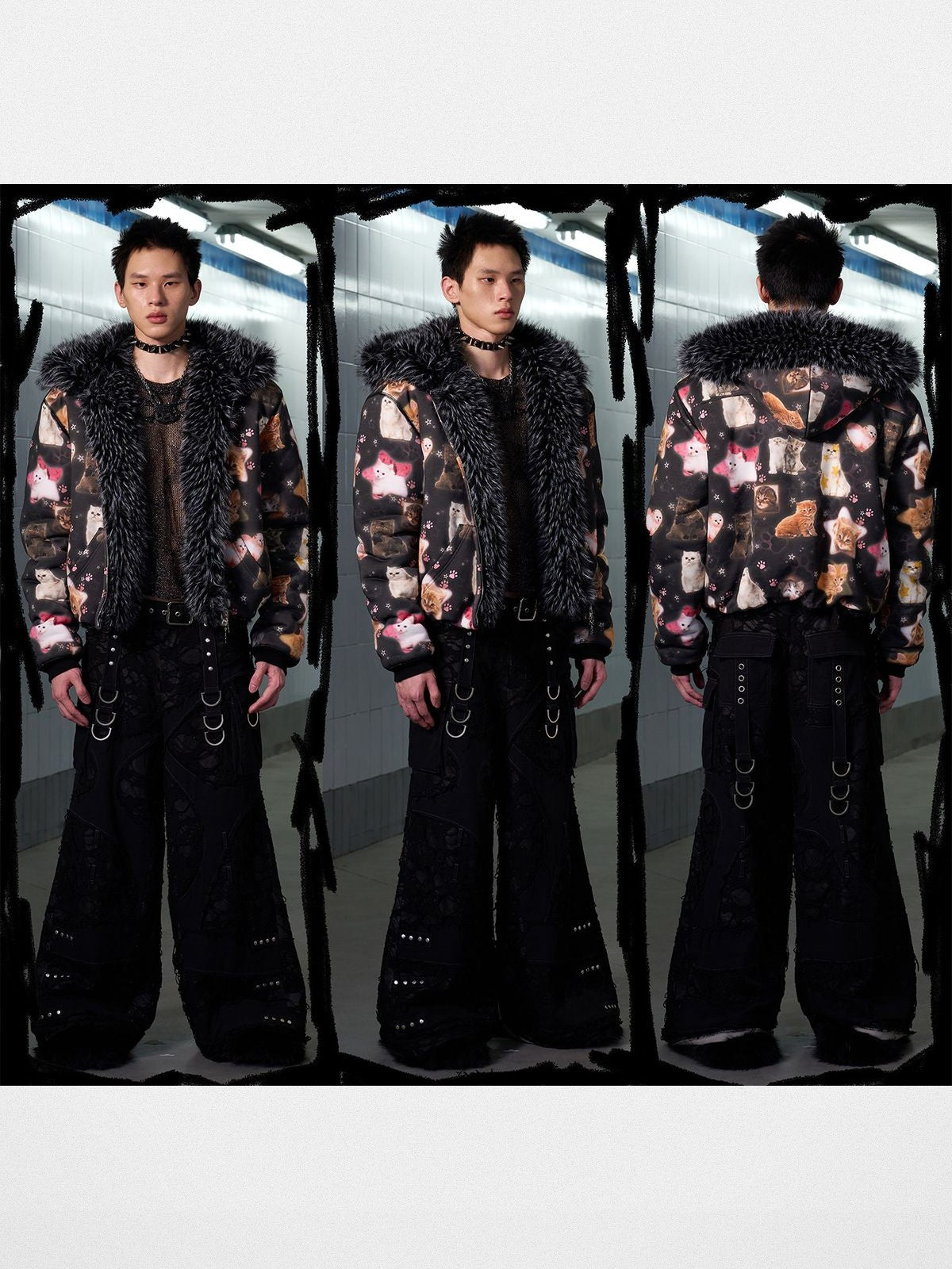 CFIERCE Reversible Cat Print Faux Fur Jacket in Black - On Male Model