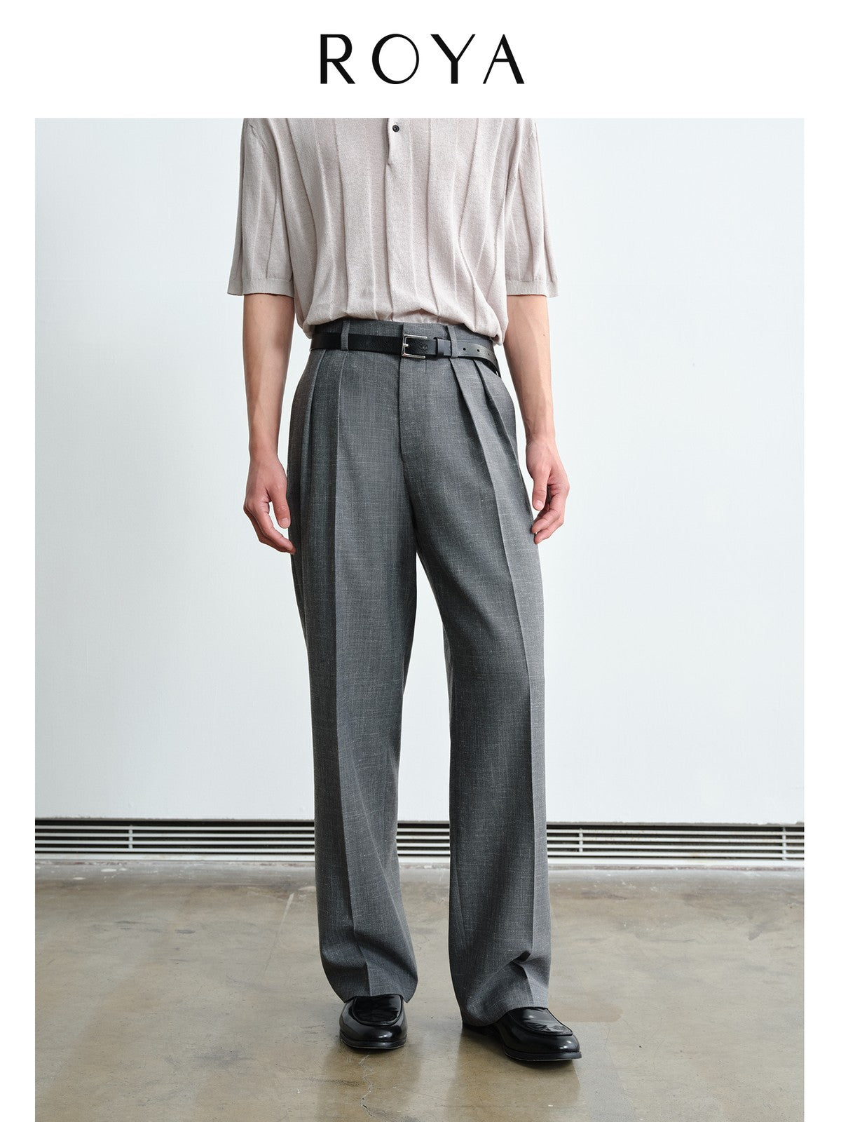 ROYA Double Pleated Wool Linen Trousers in Gray - On Model
