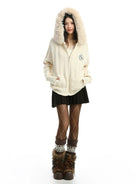 BIGGOLD STUDIO Fur Trimmed Cable Knit Zip Hoodie in White - On Model #color_white