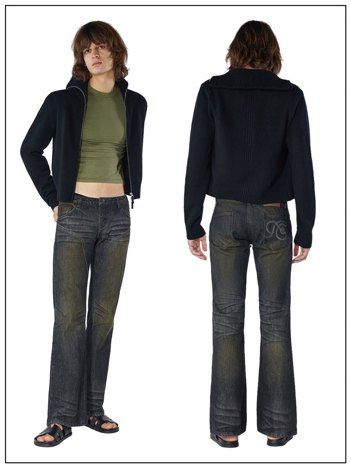 FaxCopyExpress Wool Stand Collar Zip Cardigan in Black - On Male Model