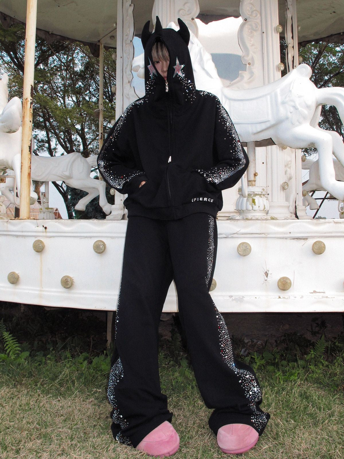 CFIERCE Crying Unicorn Rhinestone Hoodie in Black - On Model