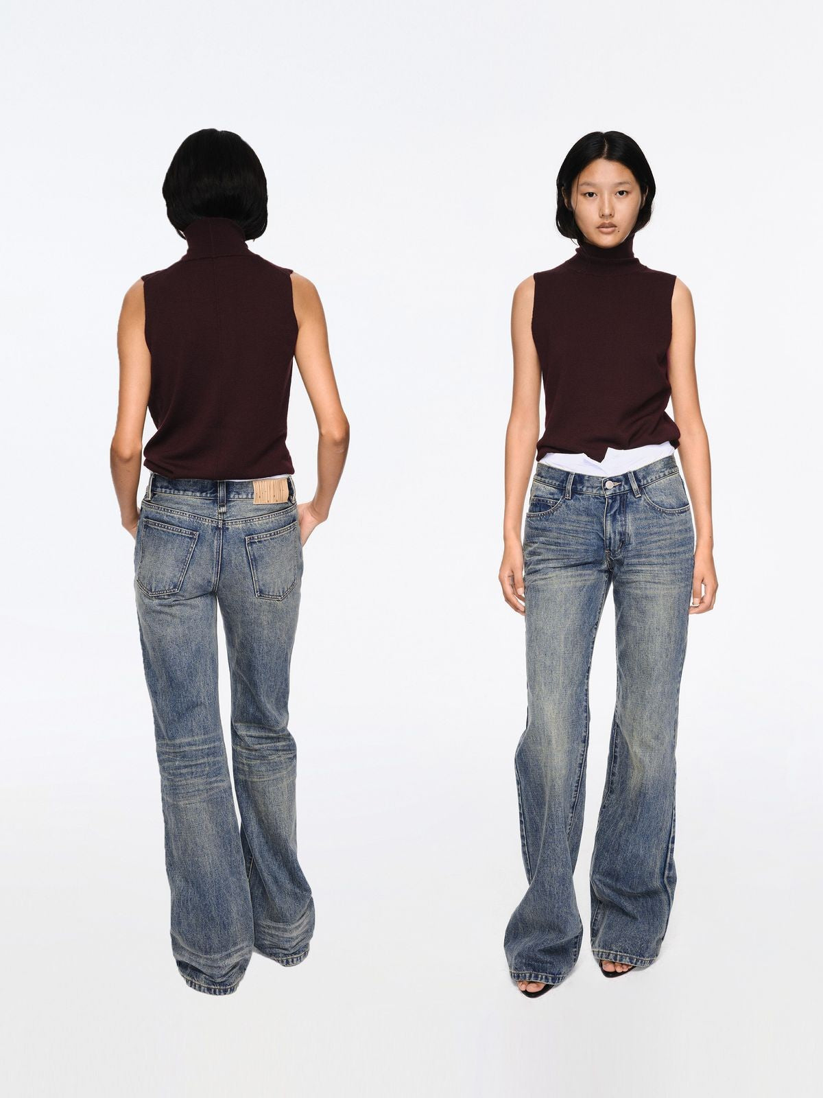 RARELY ALIKE Mid Low Rise Micro Flare Jeans in Blue - On Model