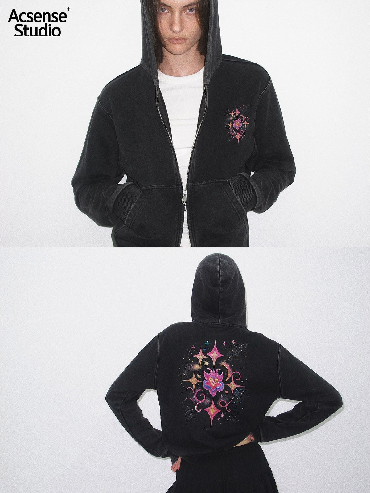 ACSENSE STUDIO Rhinestone Logo Zip Up Hoodie in Black - On Model