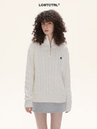 LOSTCTRL Half Zip Cable Knit Cotton Sweater in White - On Model