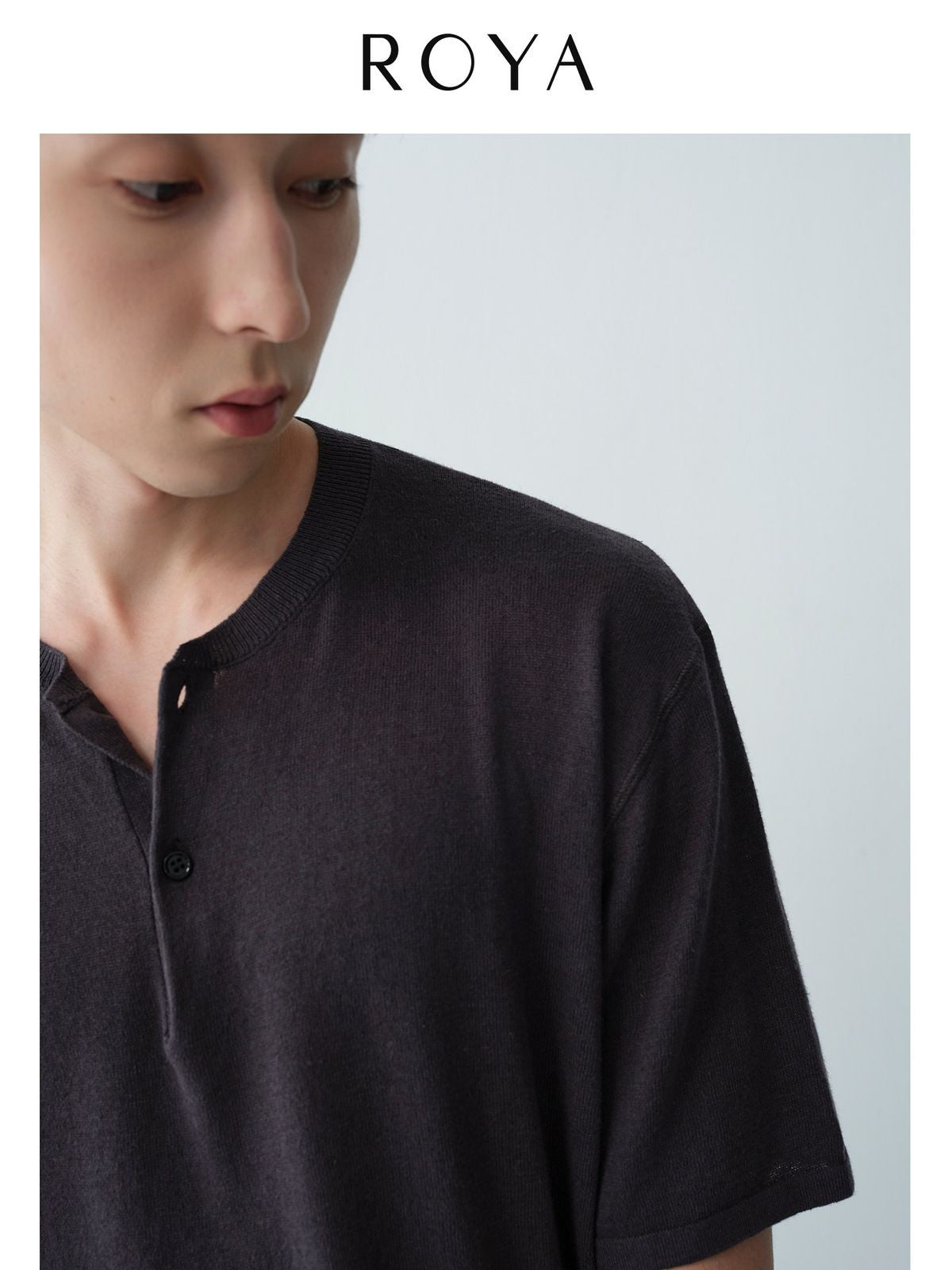 ROYA Linen Cotton Short Sleeve Henley in Gray - On Model