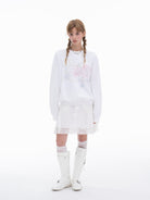 THELIGHT OFFICIAL Shell Print Rhinestone Sweatshirt in White - On Model
