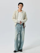 Simple Project Kaihara Indigo Washed A Line Jeans in Blue - On Male Model