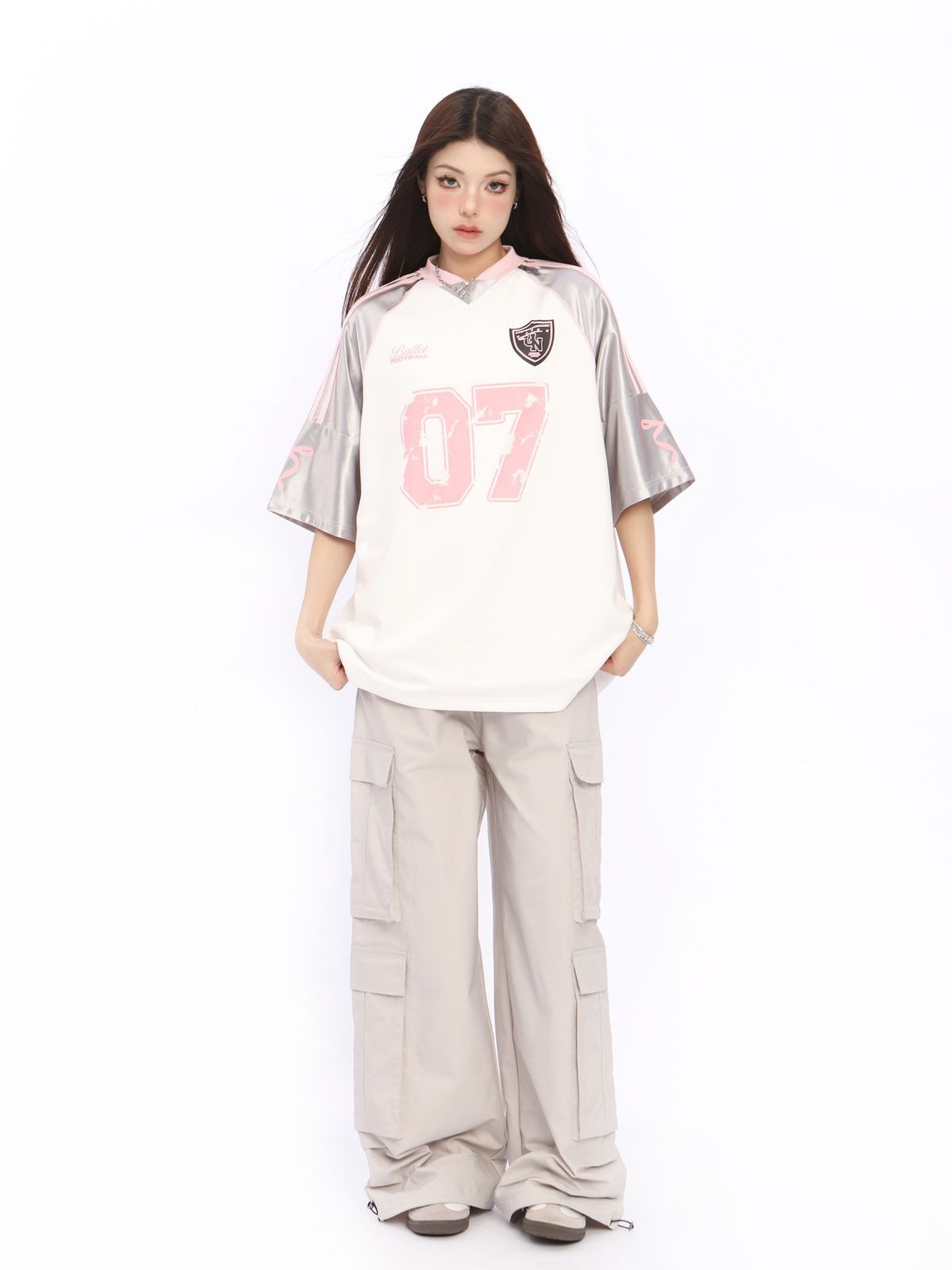 BIGGOLD STUDIO Raglan Sleeve V Neck Jersey in White - On Model #color_white