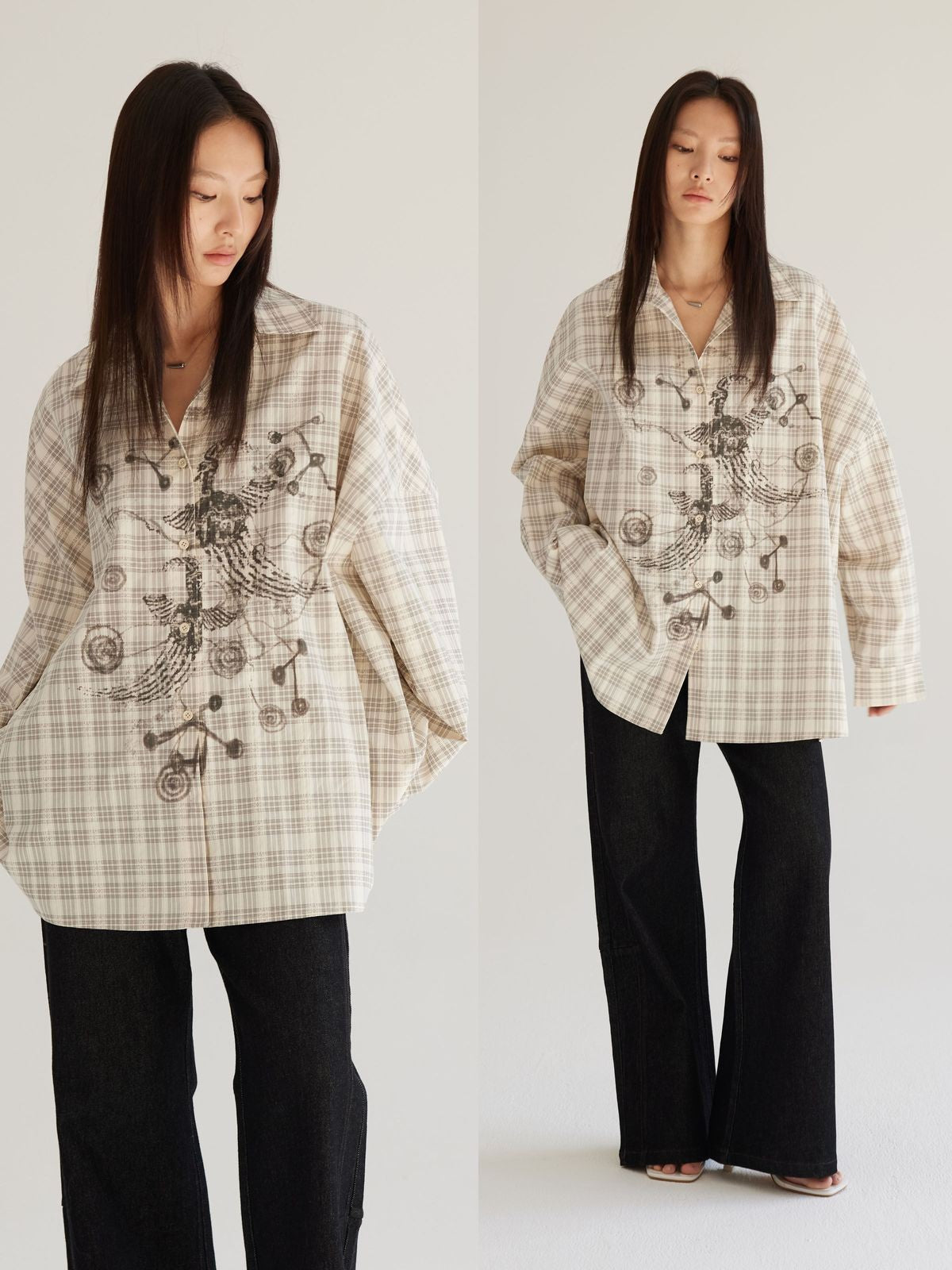 THELIGHT OFFICIAL Oversized Plaid Graphic Shirt in Off-White - On Model